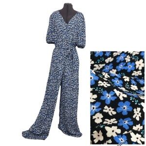 F&F Casual Collection V Neck Buttoned Belted Blue White Daisy Floral Jumpsuit 12